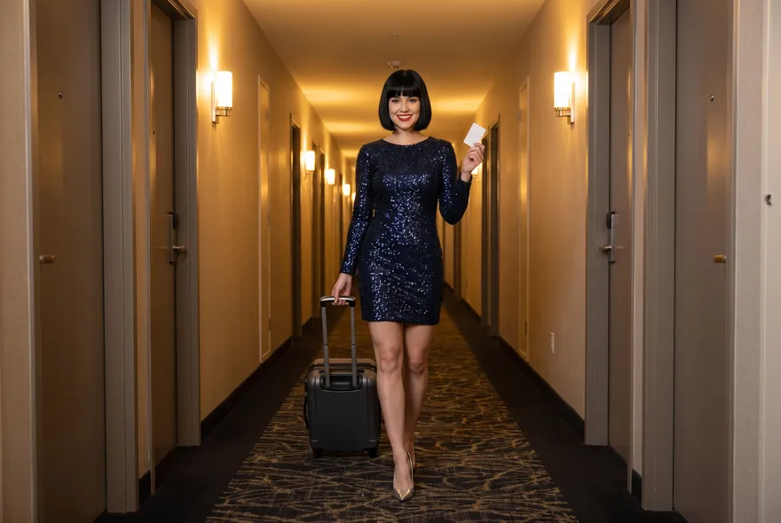 The same woman walks along a warm hotel corridor pulling a small suitcase and holding up a plain key card.