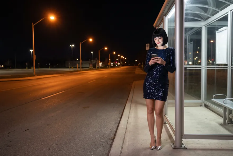 The same woman stands by a lit glass bus shelter on an empty street at night, looking at her phone under orange streetlights.